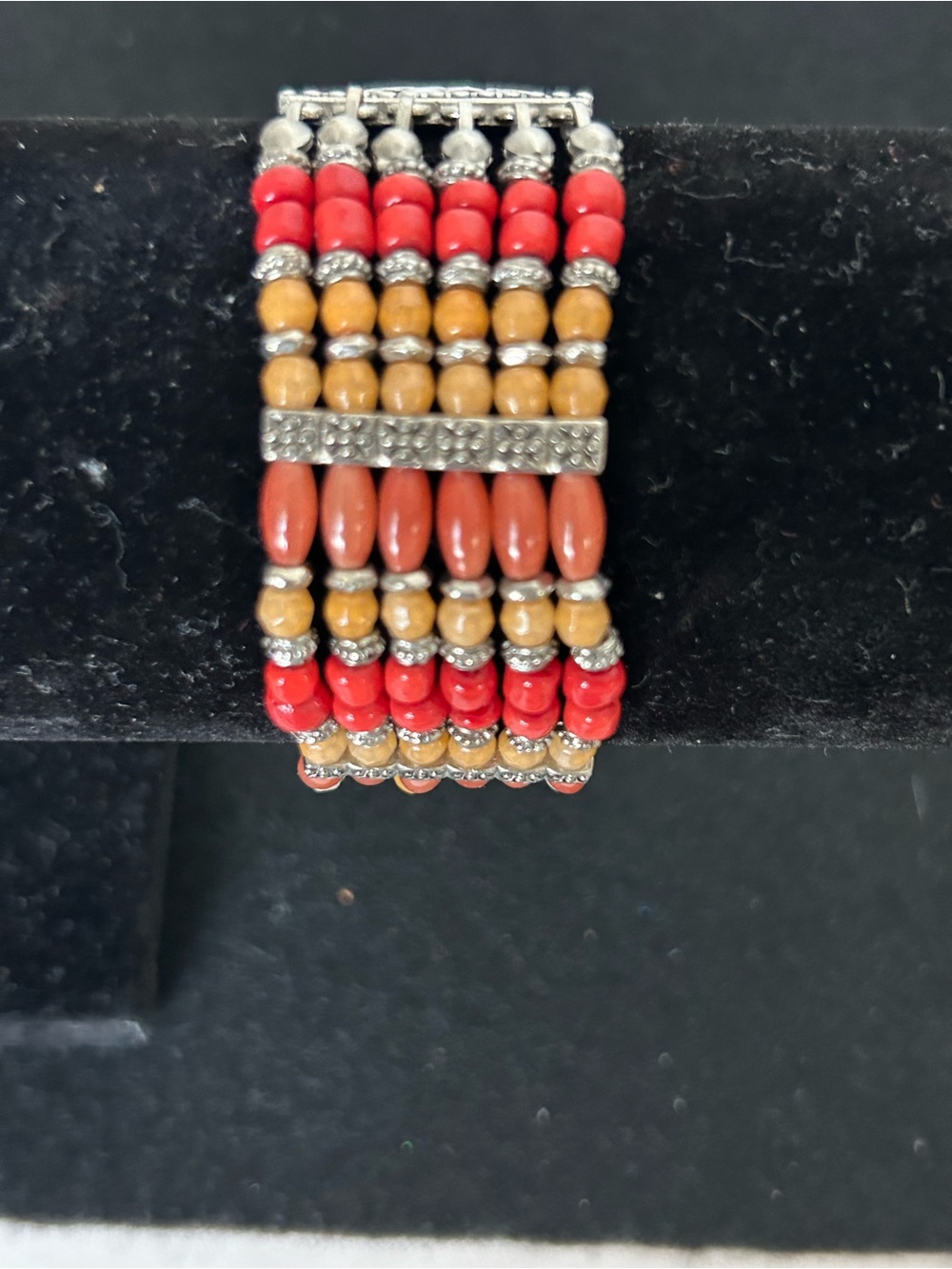 Glass Beaded Red and Tan Multi-Row Silver tone Filigree Bracelet (6)